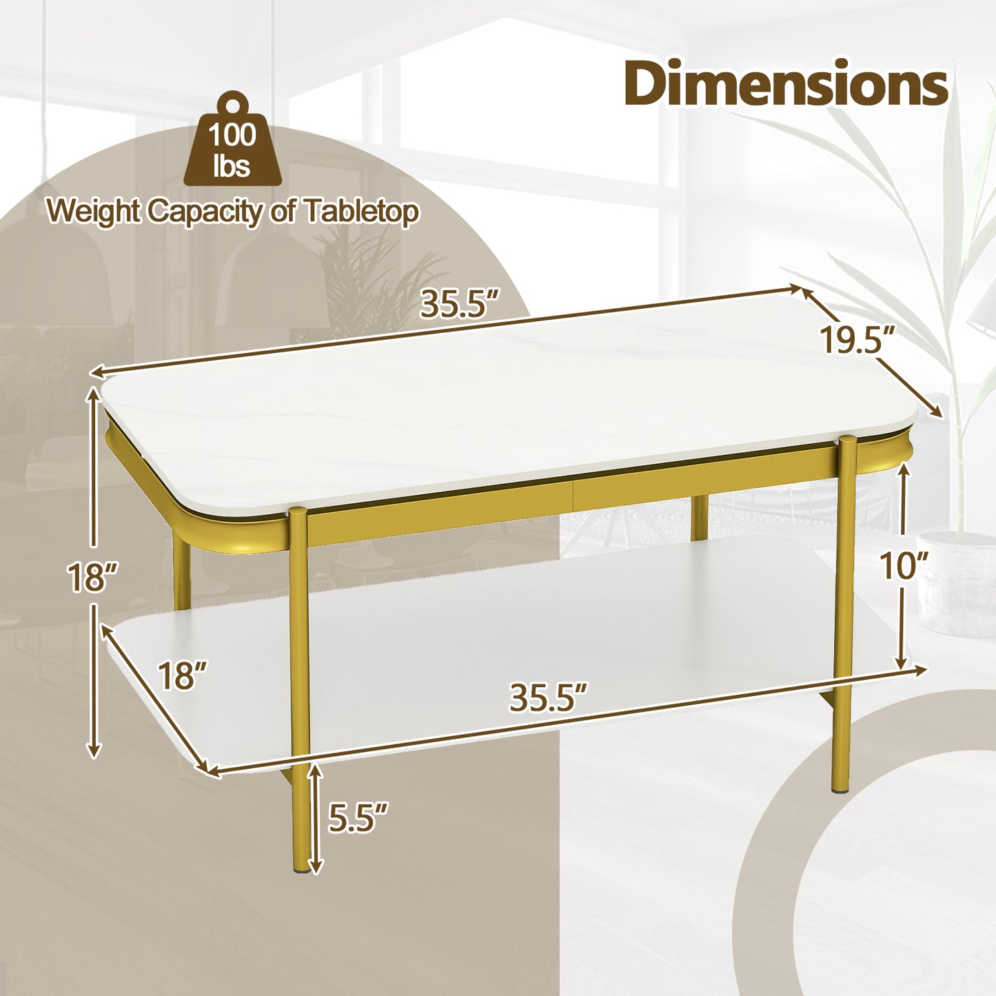2-Tier Modern Rectangular Coffee Table with Sintered Stone Top, White
