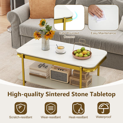 2-Tier Modern Rectangular Coffee Table with Sintered Stone Top, White
