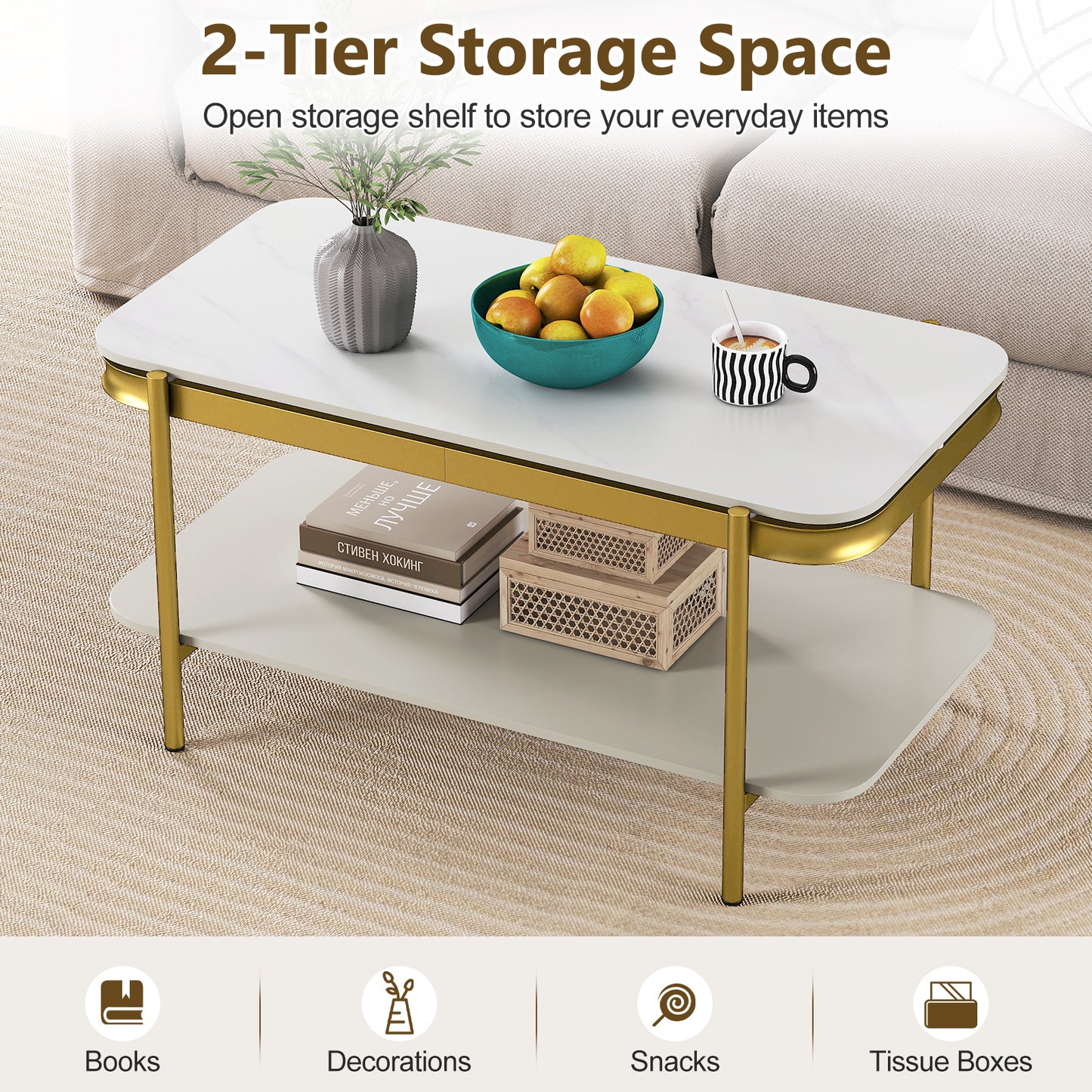 2-Tier Modern Rectangular Coffee Table with Sintered Stone Top, White