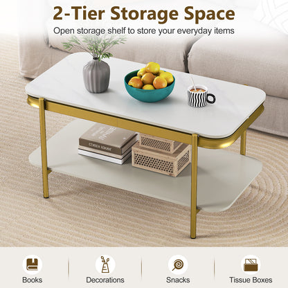 2-Tier Modern Rectangular Coffee Table with Sintered Stone Top, White