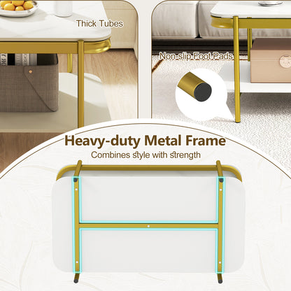 2-Tier Modern Rectangular Coffee Table with Sintered Stone Top, White