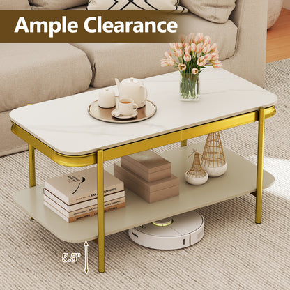 2-Tier Modern Rectangular Coffee Table with Sintered Stone Top, White