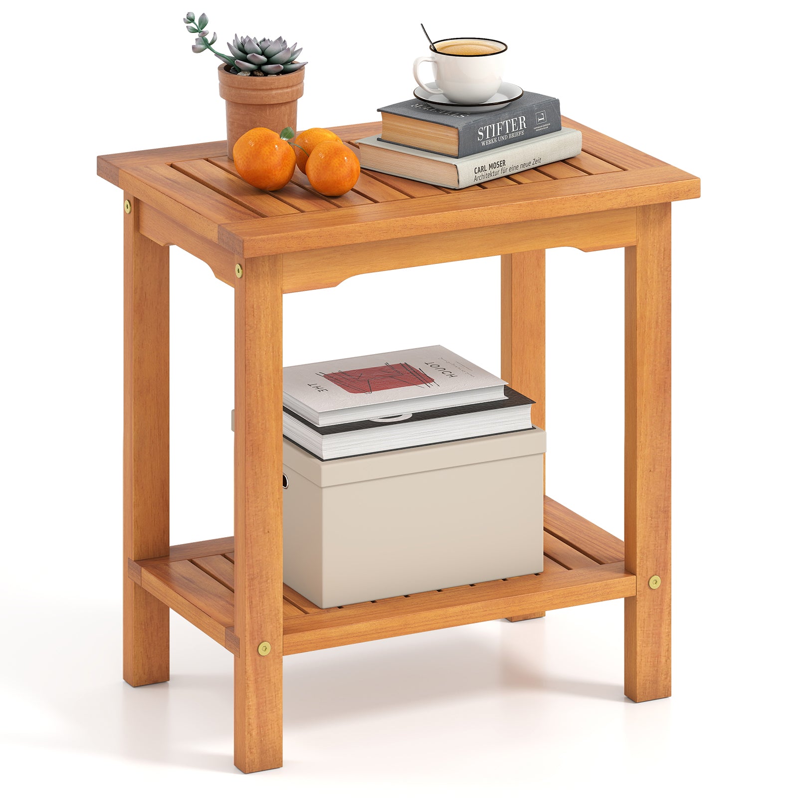 2-Tier Outdoor Acacia Wood Side Table, Slatted Tabletop, Storage Shelf Patio Coffee Tables at Gallery Canada