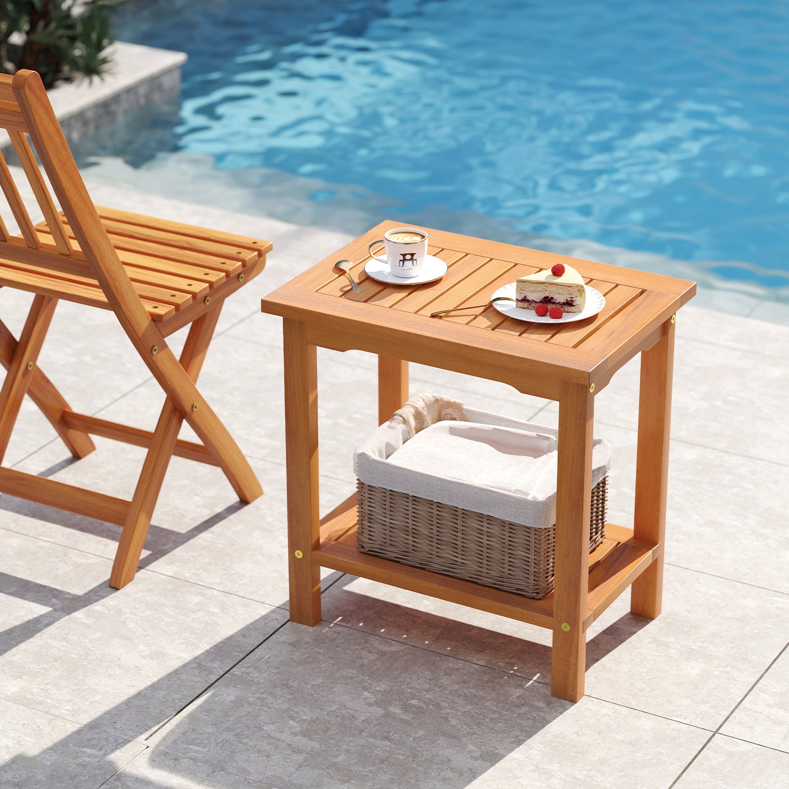 2-Tier Outdoor Acacia Wood Side Table, Slatted Tabletop, Storage Shelf Patio Coffee Tables at Gallery Canada
