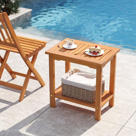 2-Tier Outdoor Acacia Wood Side Table, Slatted Tabletop, Storage Shelf Patio Coffee Tables Options at Gallery Canada