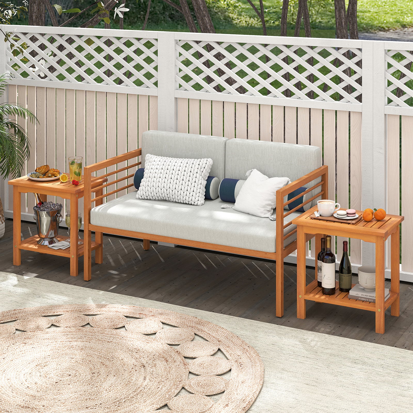 2-Tier Outdoor Acacia Wood Side Table, Slatted Tabletop, Storage Shelf Patio Coffee Tables at Gallery Canada