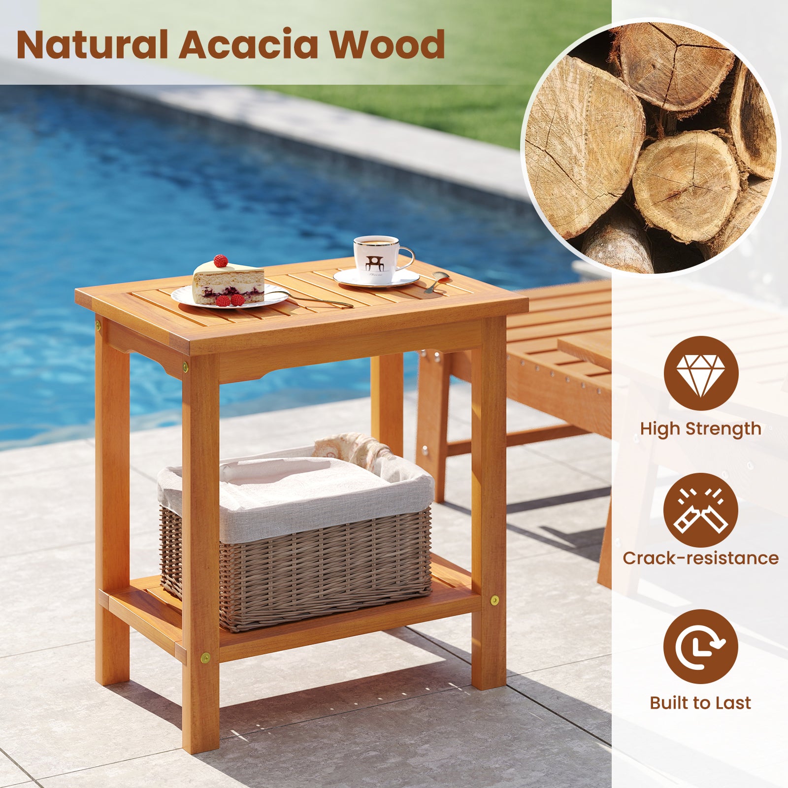 2-Tier Outdoor Acacia Wood Side Table, Slatted Tabletop, Storage Shelf Patio Coffee Tables at Gallery Canada