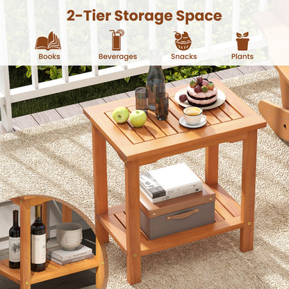 2-Tier Outdoor Acacia Wood Side Table, Slatted Tabletop, Storage Shelf Patio Coffee Tables at Gallery Canada