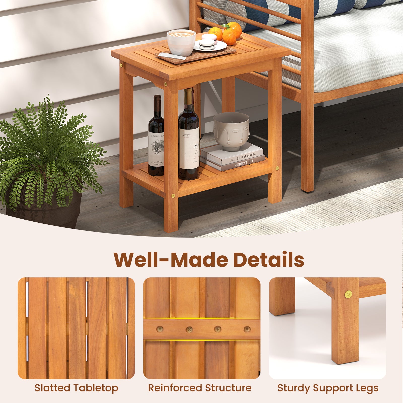 2-Tier Outdoor Acacia Wood Side Table, Slatted Tabletop, Storage Shelf Patio Coffee Tables at Gallery Canada