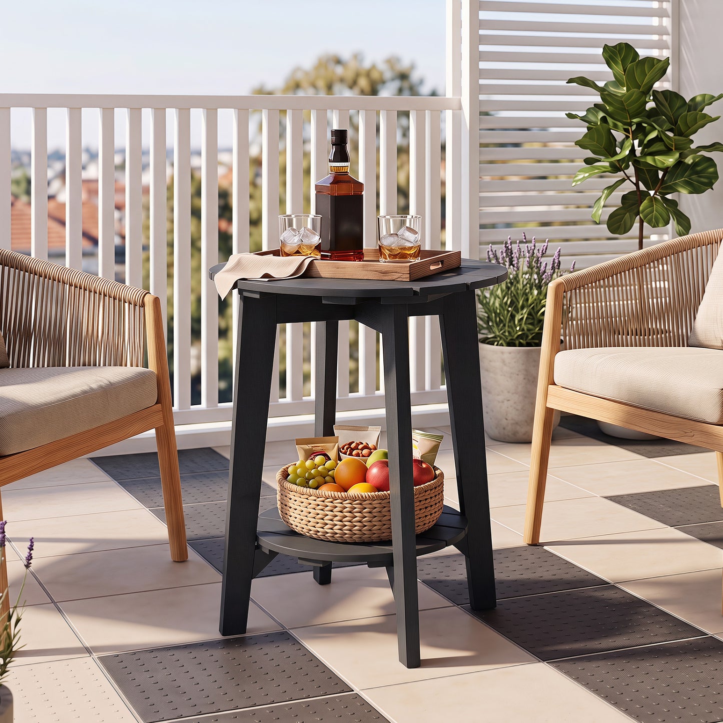 Table d'appoint en bois d'eucalyptus avec étagère de rangement, noire
