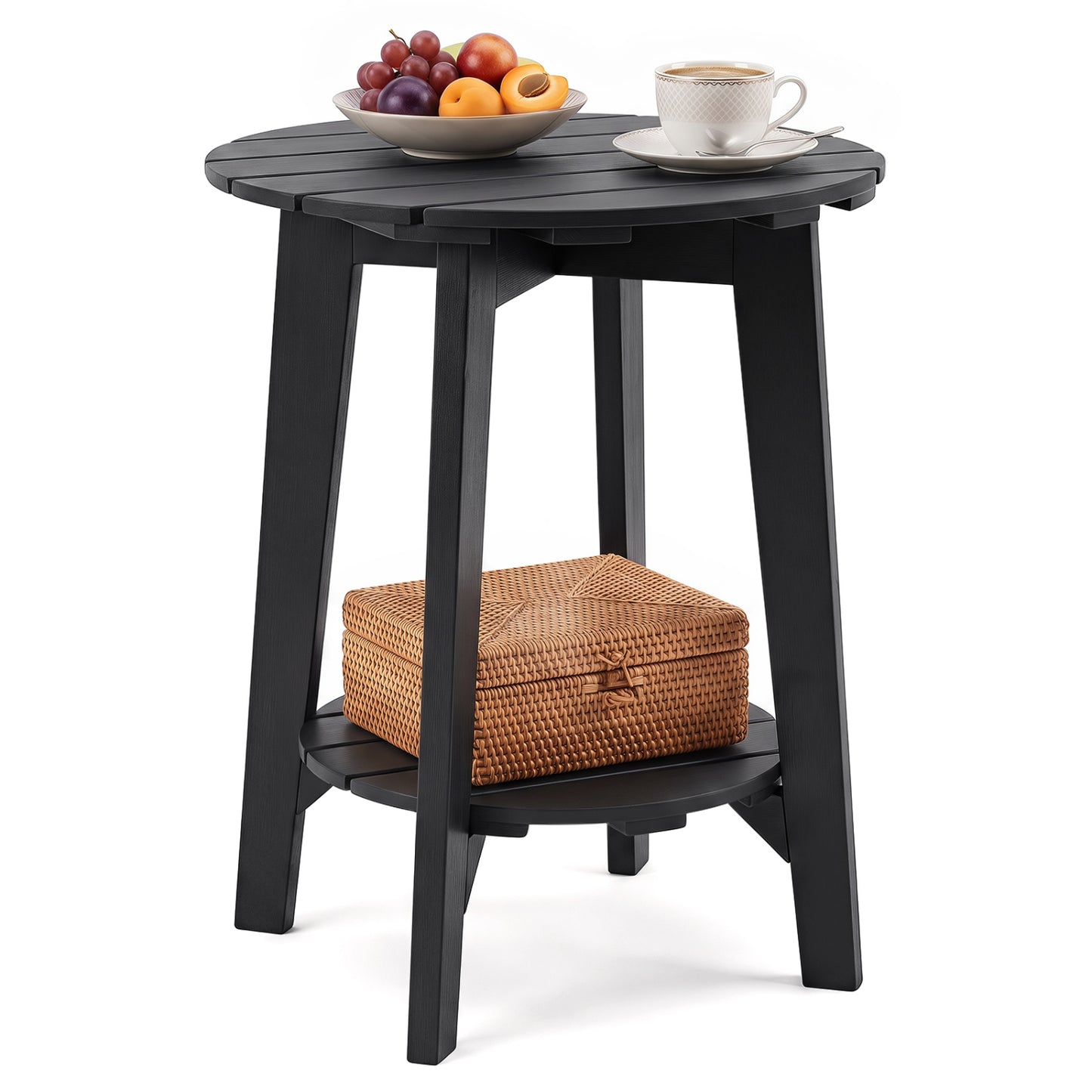 Table d'appoint en bois d'eucalyptus avec étagère de rangement, noire
