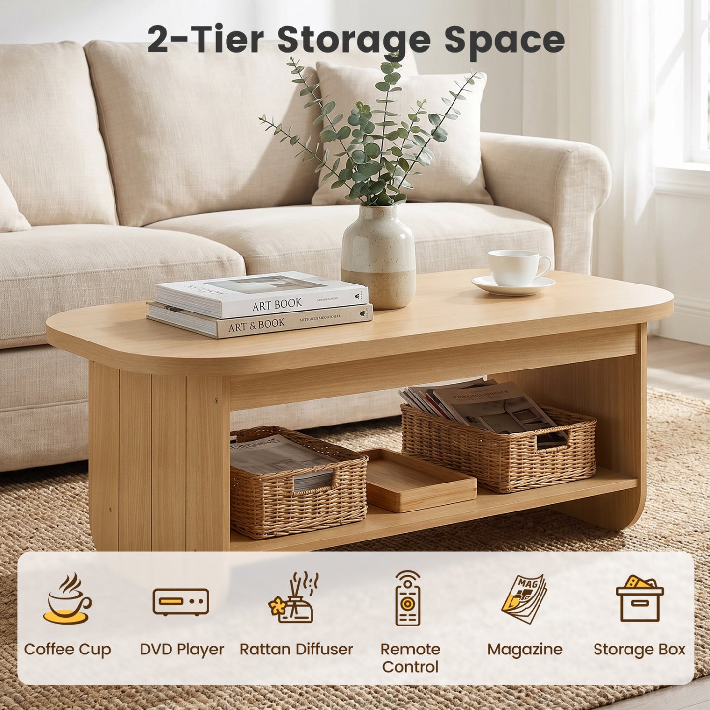 2-Tier Oval Coffee Table, with Storage Shelf, Natural Coffee Tables at Gallery Canada