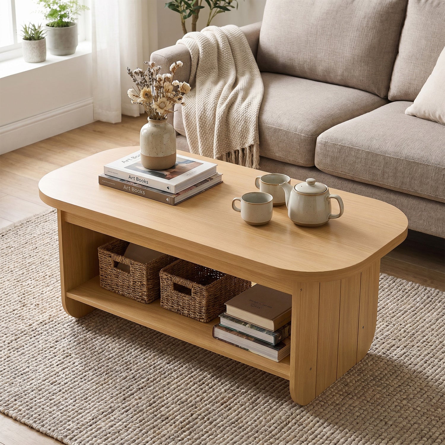2-Tier Oval Coffee Table, with Storage Shelf, Natural Coffee Tables at Gallery Canada