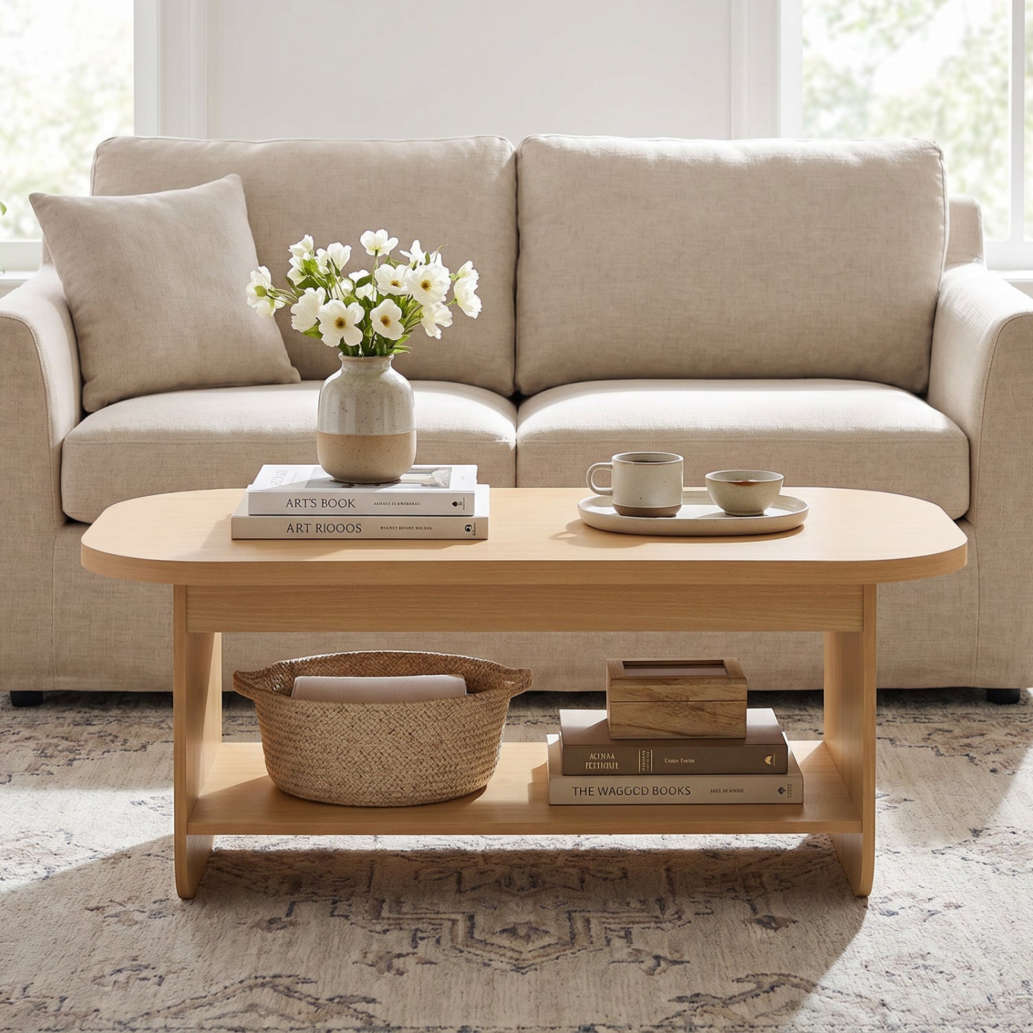 2-Tier Oval Coffee Table, with Storage Shelf, Natural Coffee Tables at Gallery Canada