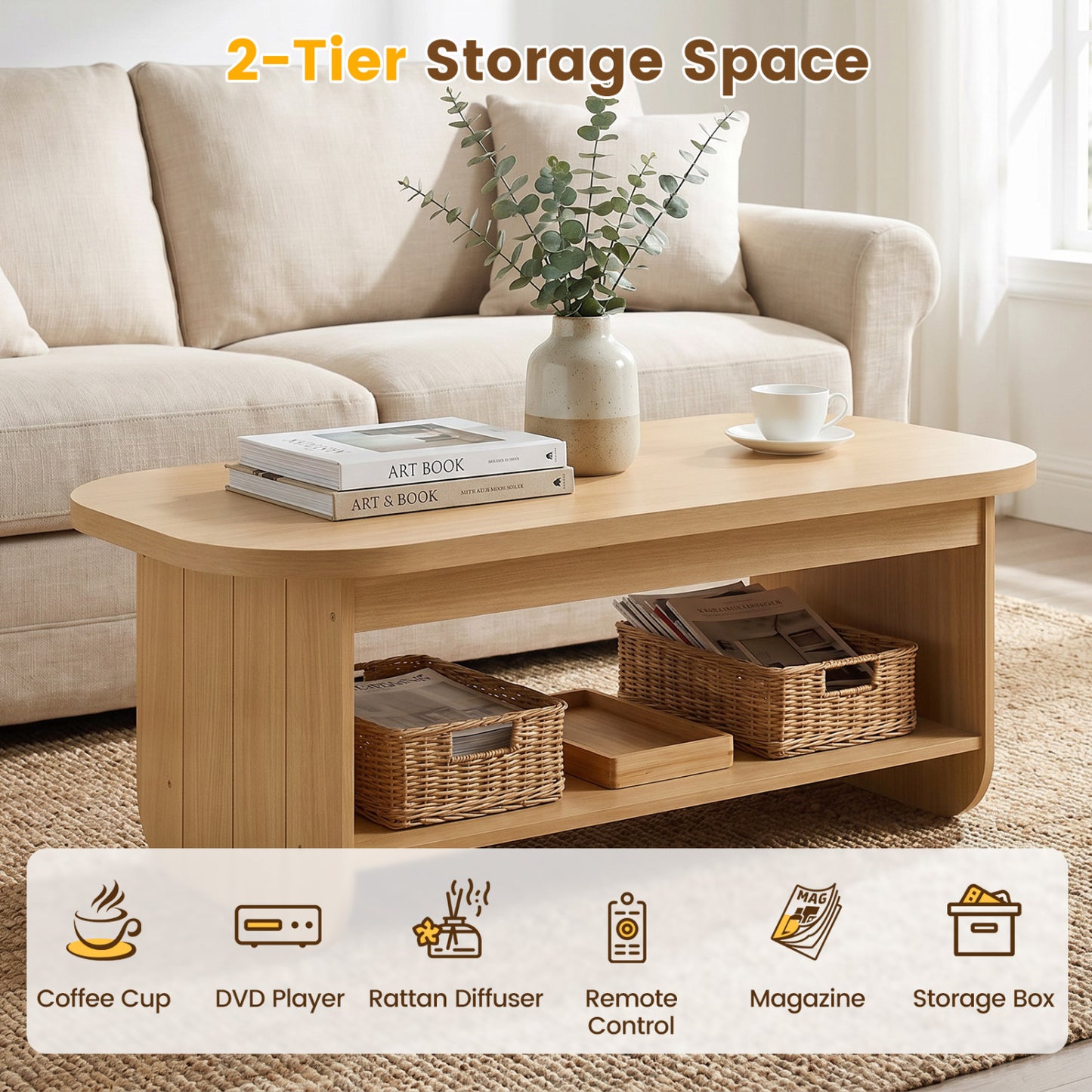 2-Tier Oval Coffee Table, with Storage Shelf, Natural Coffee Tables at Gallery Canada