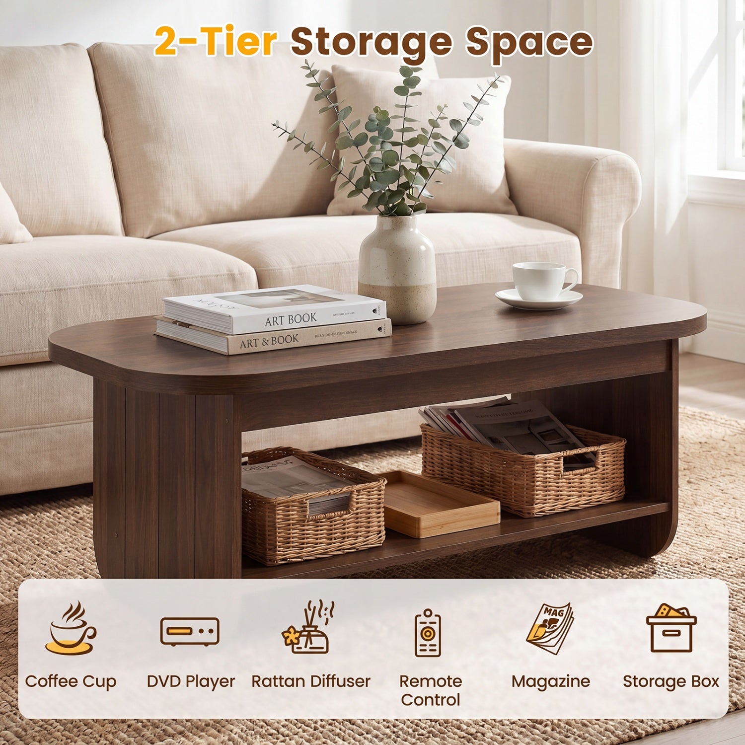 2-Tier Oval Coffee Table, Mid Century, Walnut Coffee Tables at Gallery Canada