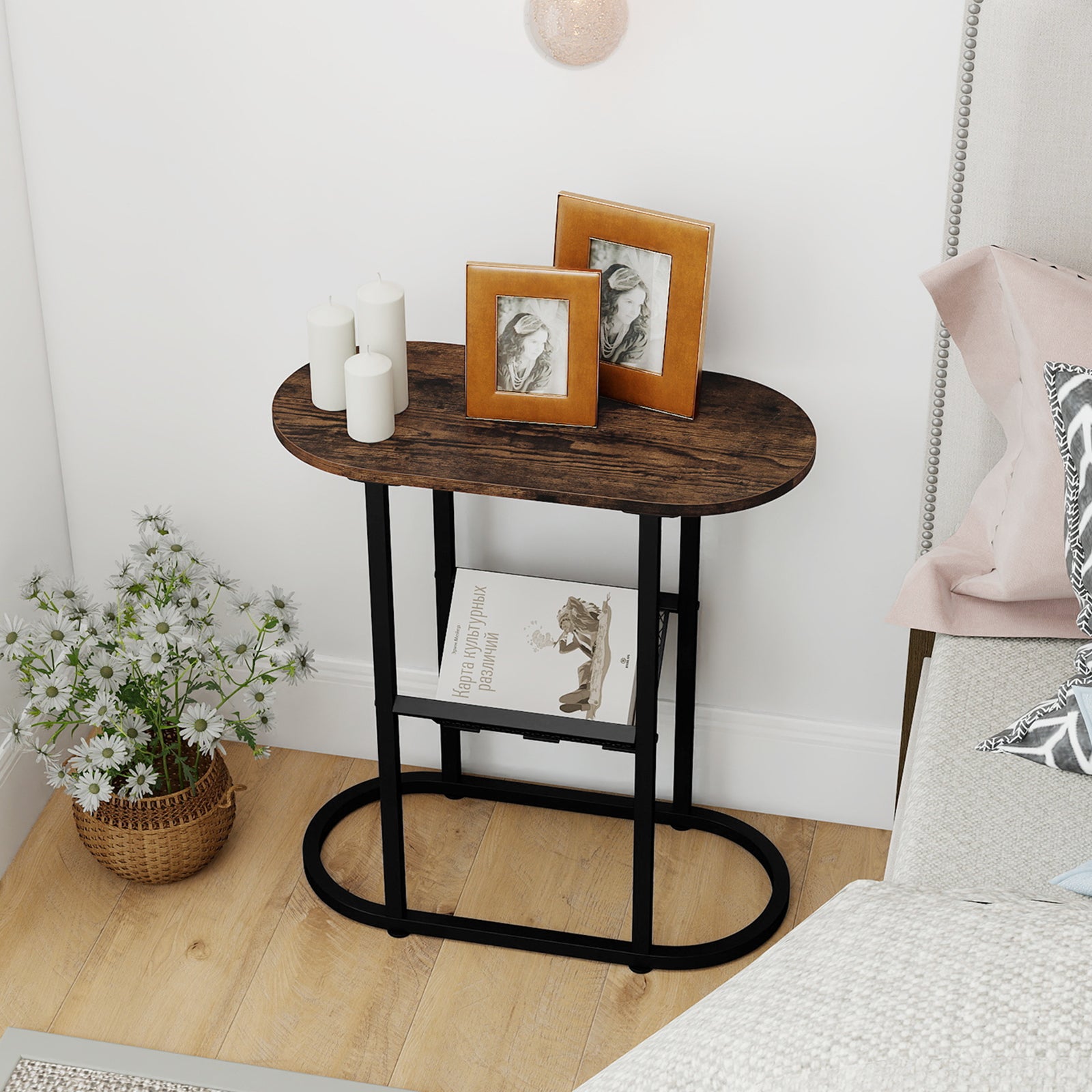 2-Tier Oval Narrow Bedside End Table, Rustic Brown End & Side Tables at Gallery Canada