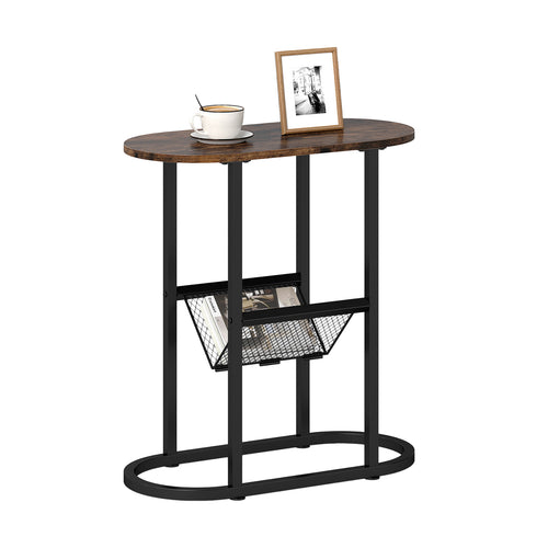 2-Tier Oval Narrow Bedside End Table, Rustic Brown