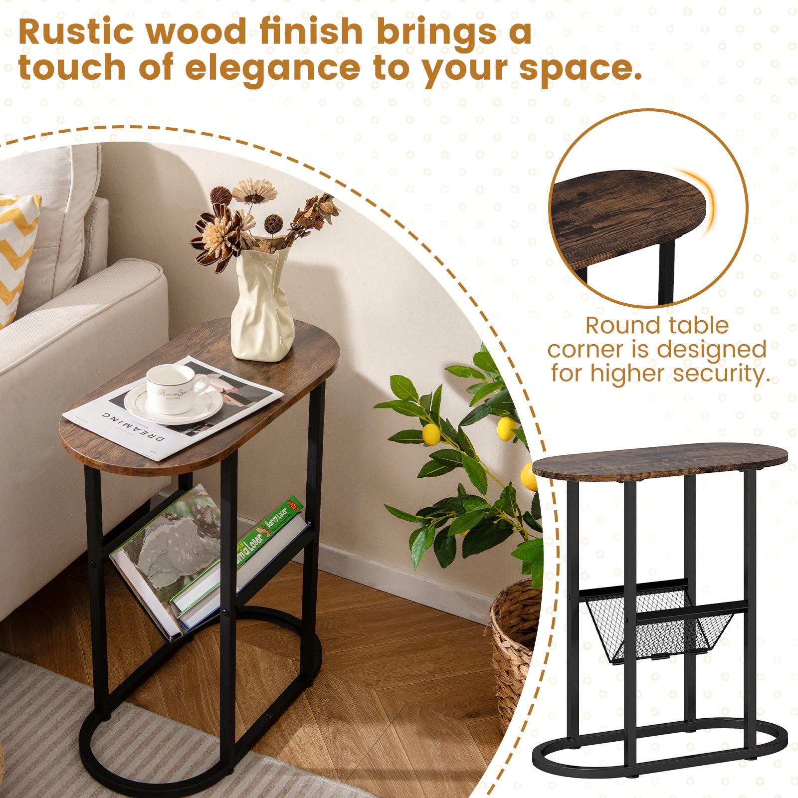 2-Tier Oval Narrow Bedside End Table, Rustic Brown End & Side Tables at Gallery Canada