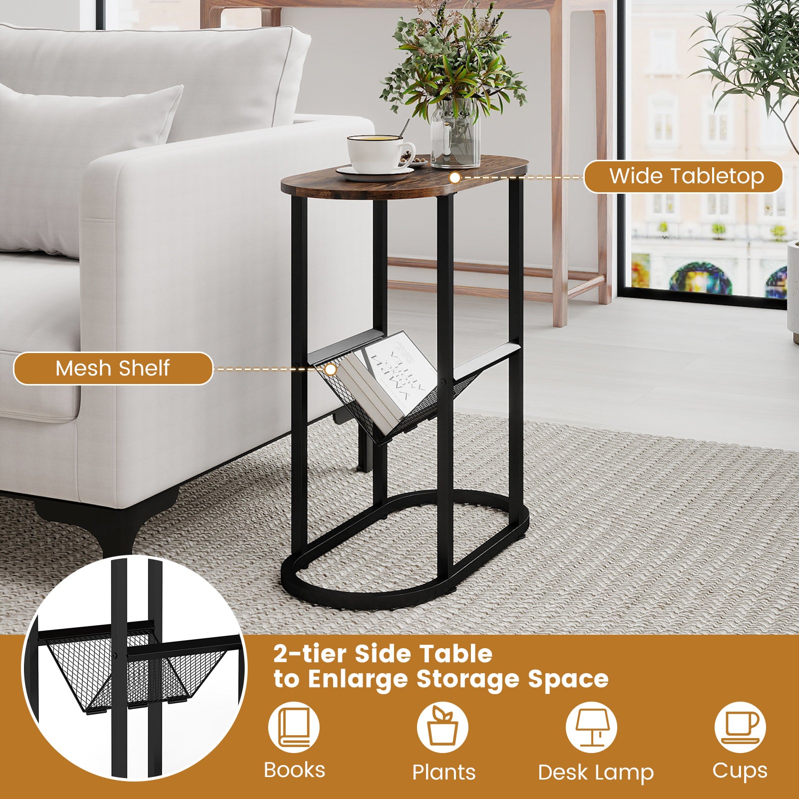 2-Tier Oval Narrow Bedside End Table, Rustic Brown End & Side Tables at Gallery Canada