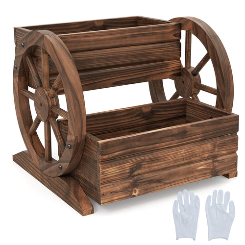 2-Tier Raised Garden Bed Rustic Wood Wagon Shape with Drainage Holes and Wheels, Coffee