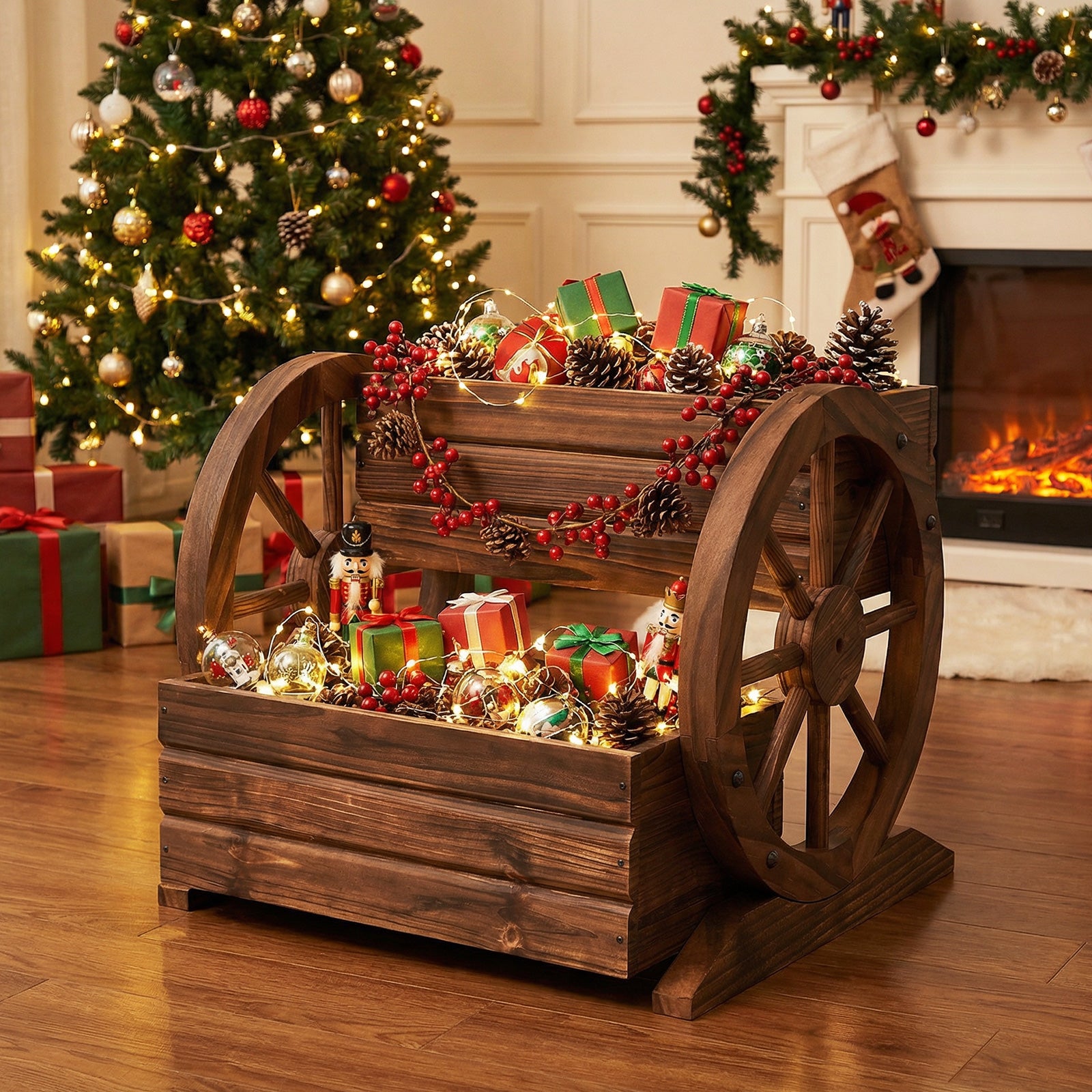 2-Tier Raised Garden Bed Rustic Wood Wagon Shape with Drainage Holes and Wheels, Coffee Raised Garden Beds at Gallery Canada
