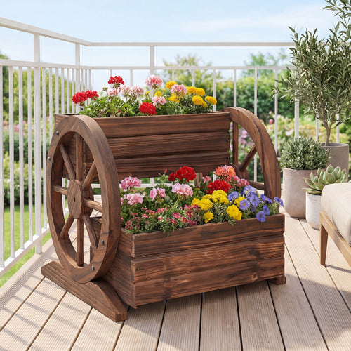 2-Tier Raised Garden Bed Rustic Wood Wagon Shape with Drainage Holes and Wheels, Coffee