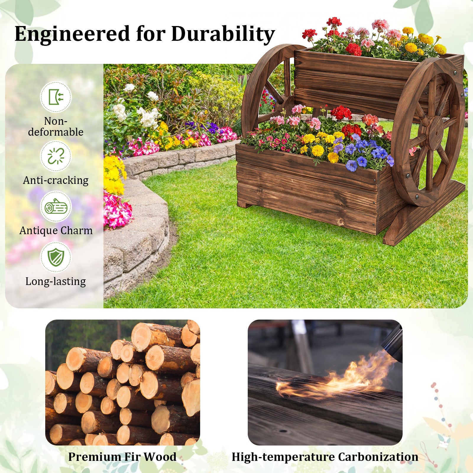 2-Tier Raised Garden Bed Rustic Wood Wagon Shape with Drainage Holes and Wheels, Coffee Raised Garden Beds at Gallery Canada