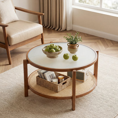 2-Tier Rattan Coffee Table with Frosted Tempered Glass Top and Wood Legs, Walnut Coffee Tables at Gallery Canada