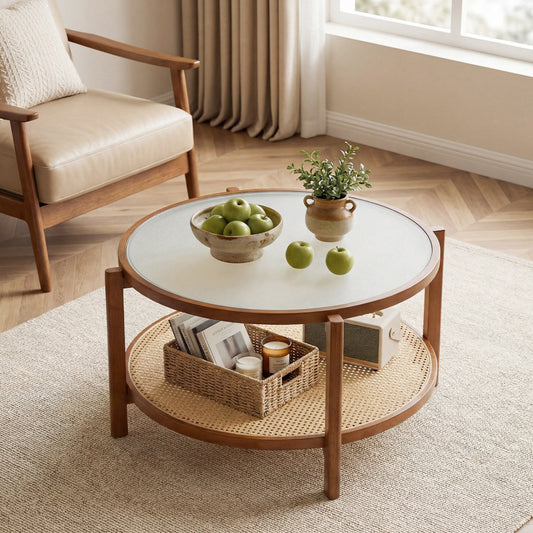 2-Tier Rattan Coffee Table with Frosted Tempered Glass Top and Wood Legs, Walnut Coffee Tables Walnut at Gallery Canada