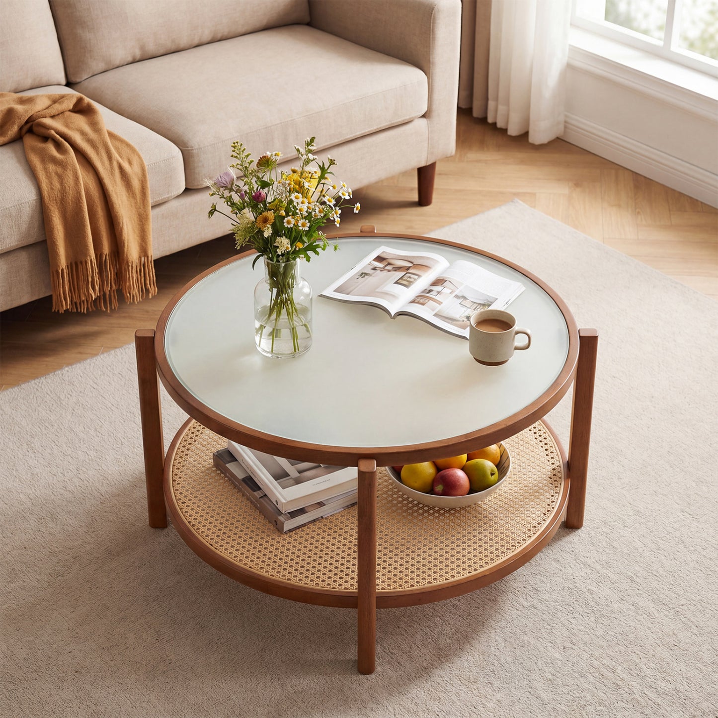 2-Tier Rattan Coffee Table with Frosted Tempered Glass Top and Wood Legs, Walnut Coffee Tables at Gallery Canada