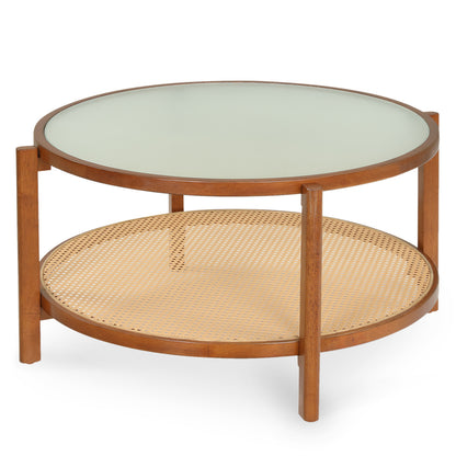 2-Tier Rattan Coffee Table with Frosted Tempered Glass Top and Wood Legs, Walnut Coffee Tables Walnut at Gallery Canada