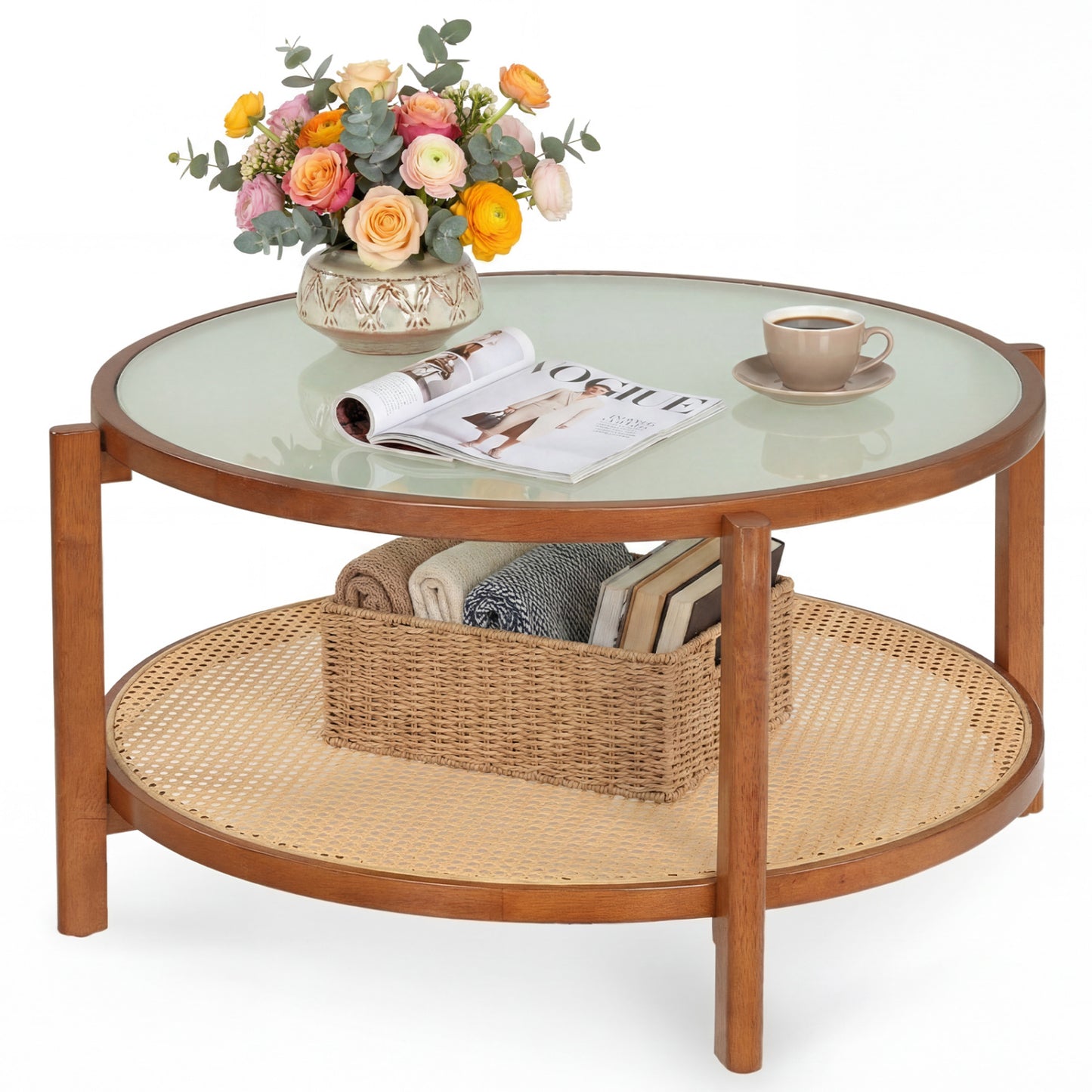 2-Tier Rattan Coffee Table with Frosted Tempered Glass Top and Wood Legs, Walnut Coffee Tables at Gallery Canada