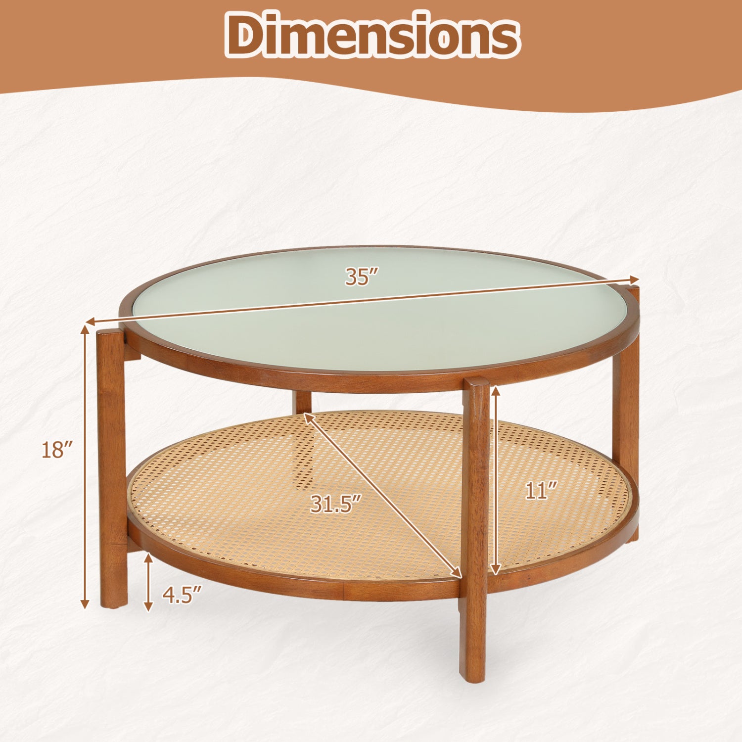 2-Tier Rattan Coffee Table with Frosted Tempered Glass Top and Wood Legs, Walnut Coffee Tables at Gallery Canada