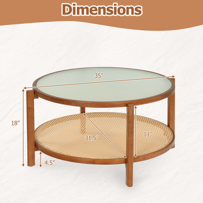 2-Tier Rattan Coffee Table with Frosted Tempered Glass Top and Wood Legs, Walnut Coffee Tables at Gallery Canada