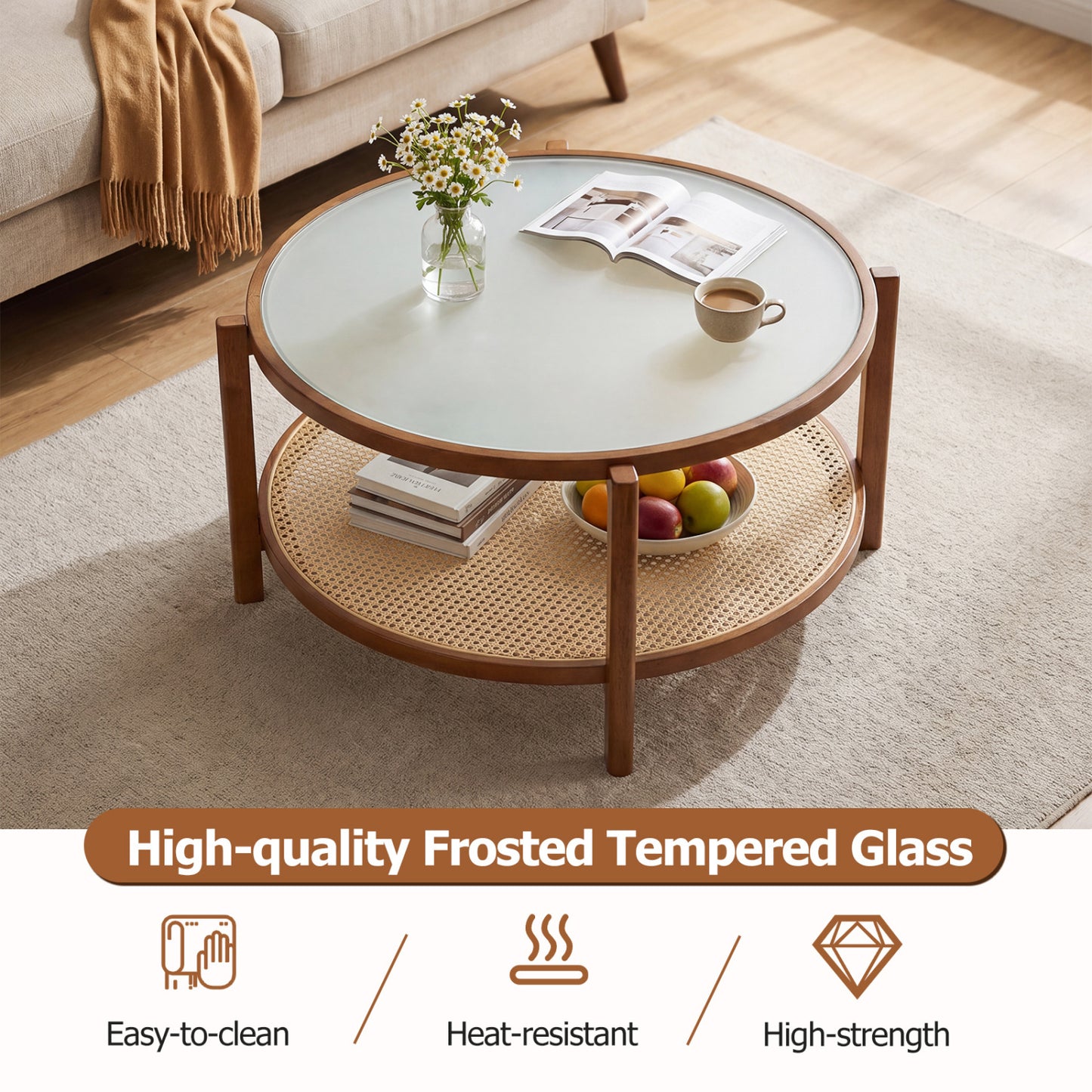 2-Tier Rattan Coffee Table with Frosted Tempered Glass Top and Wood Legs, Walnut Coffee Tables at Gallery Canada