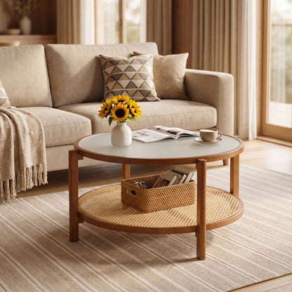 2-Tier Rattan Coffee Table with Frosted Tempered Glass Top and Wood Legs, Walnut Coffee Tables at Gallery Canada