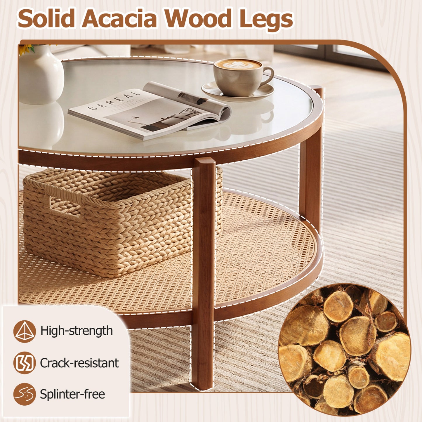 2-Tier Rattan Coffee Table with Frosted Tempered Glass Top and Wood Legs, Walnut Coffee Tables at Gallery Canada