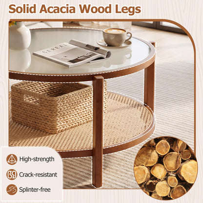 2-Tier Rattan Coffee Table with Frosted Tempered Glass Top and Wood Legs, Walnut Coffee Tables at Gallery Canada
