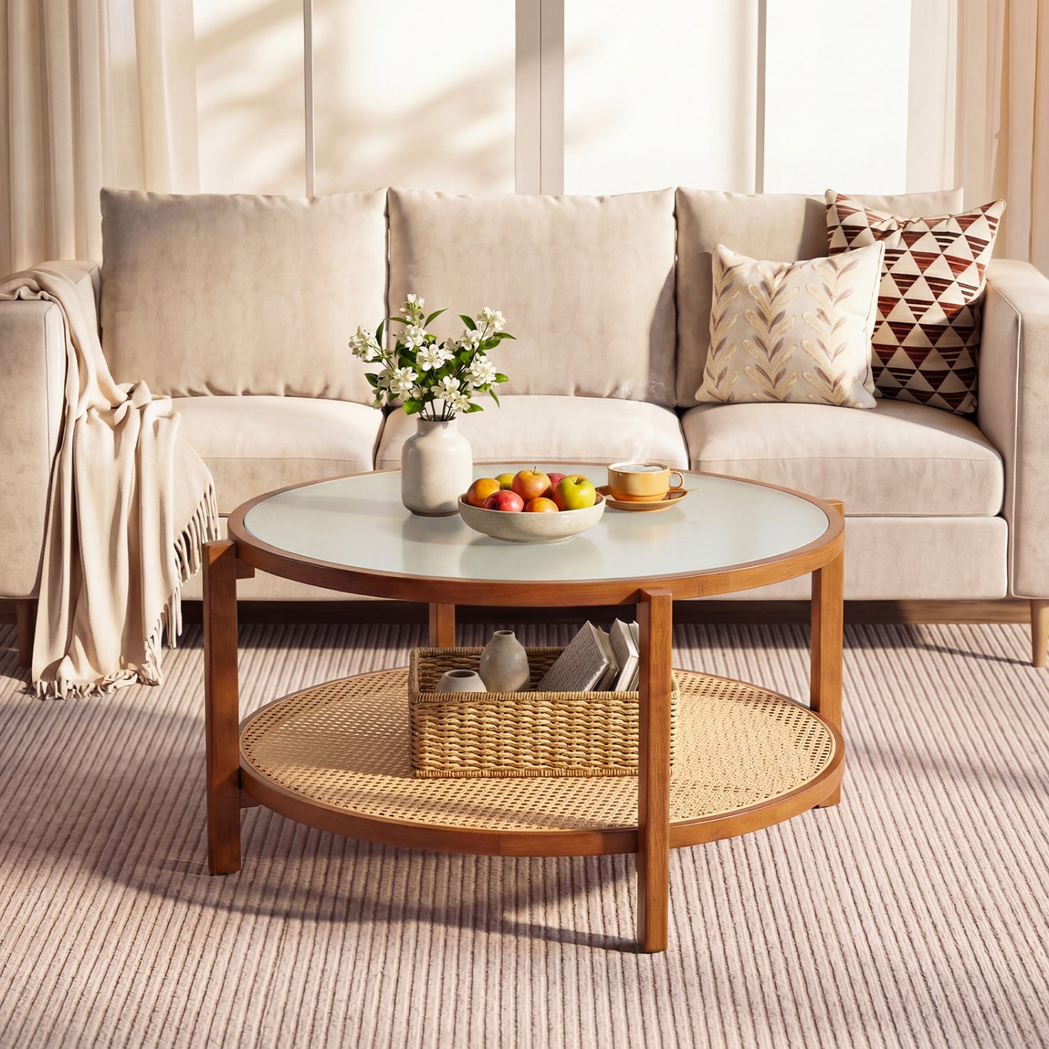 2-Tier Rattan Coffee Table with Frosted Tempered Glass Top and Wood Legs, Walnut Coffee Tables at Gallery Canada