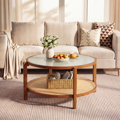 2-Tier Rattan Coffee Table with Frosted Tempered Glass Top and Wood Legs, Walnut Coffee Tables at Gallery Canada
