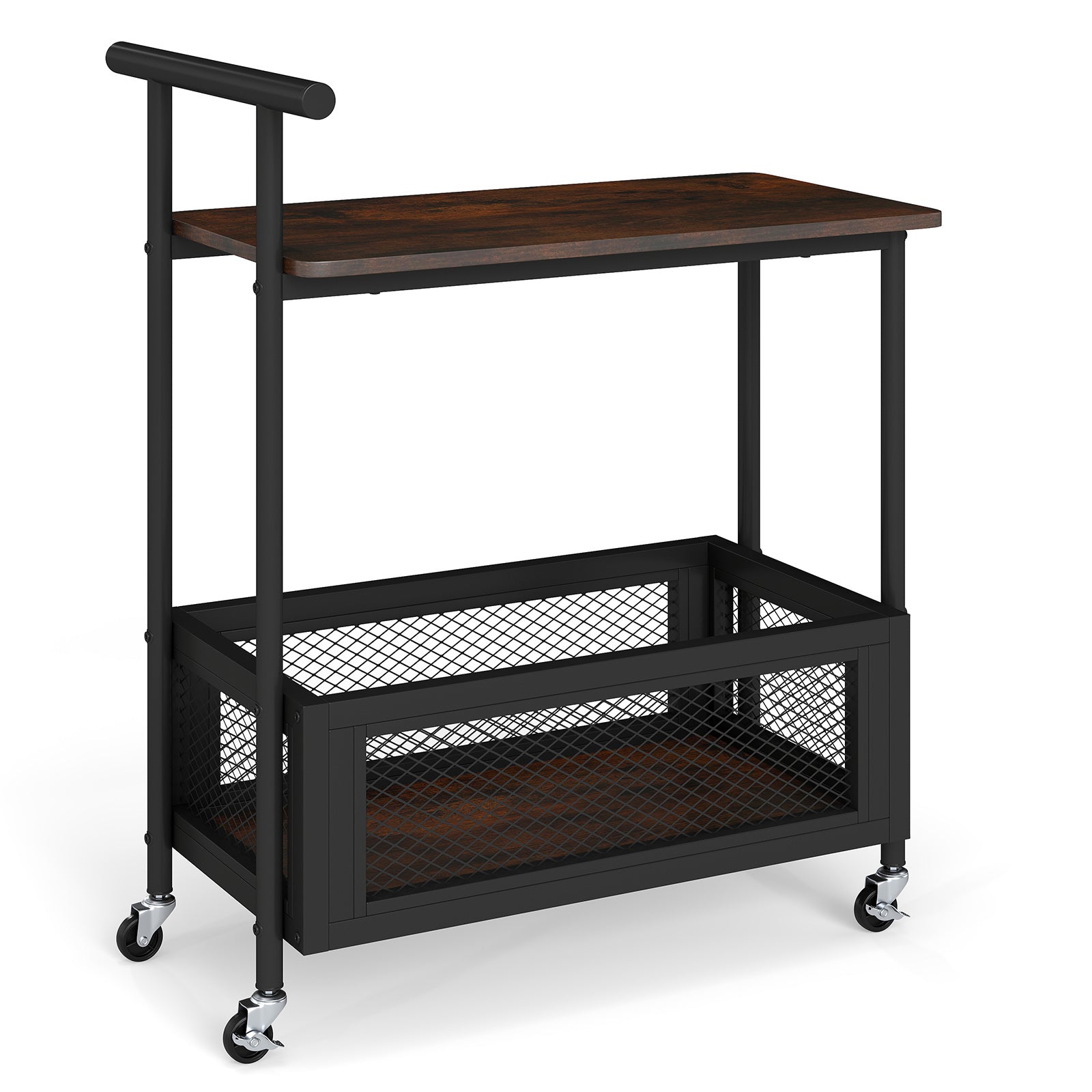 2-Tier Rolling End Table with Handle and Mesh Basket, Rustic Brown End & Side Tables Rustic Brown at Gallery Canada