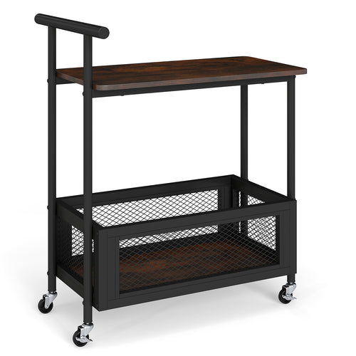 2-Tier Rolling End Table with Handle and Mesh Basket, Rustic Brown