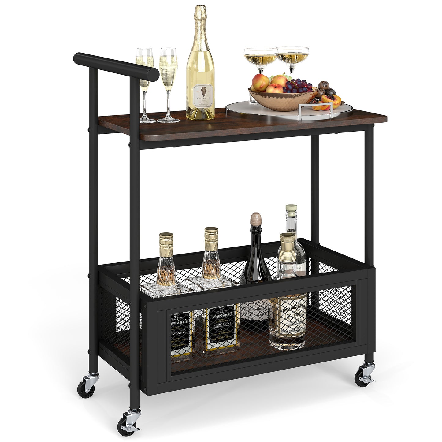 2-Tier Rolling End Table with Handle and Mesh Basket, Rustic Brown End & Side Tables at Gallery Canada