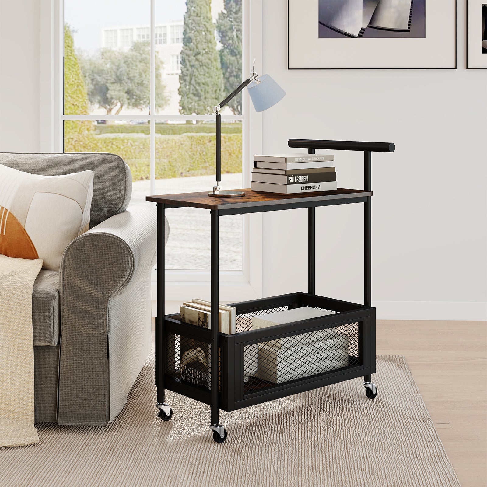 2-Tier Rolling End Table with Handle and Mesh Basket, Rustic Brown End & Side Tables at Gallery Canada