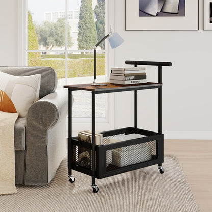 2-Tier Rolling End Table with Handle and Mesh Basket, Rustic Brown End & Side Tables at Gallery Canada