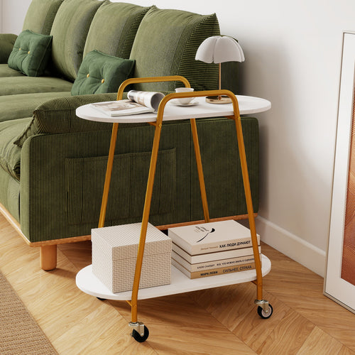 2-Tier Rolling End Table, Faux Marble, White