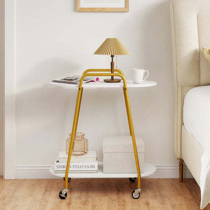 2-Tier Rolling End Table, Faux Marble, White