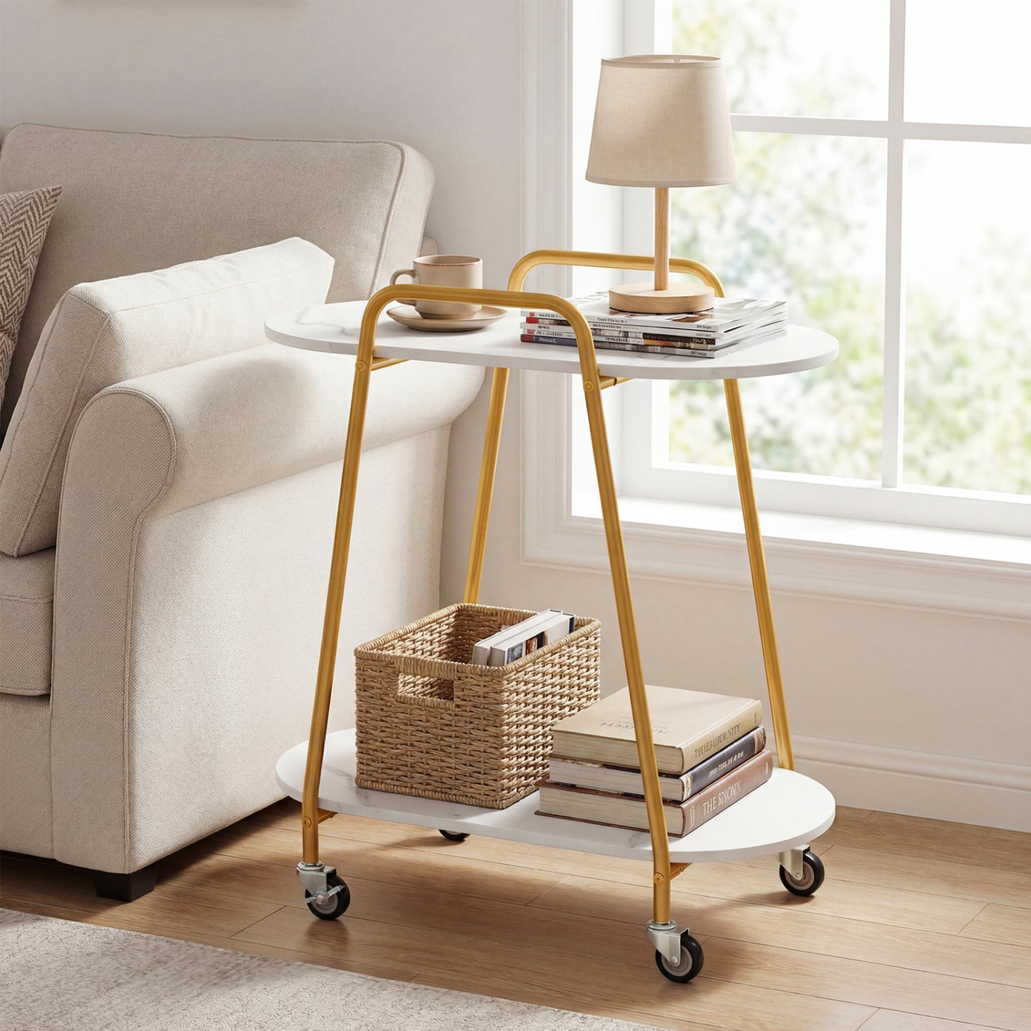 2-Tier Rolling End Table, Faux Marble, White