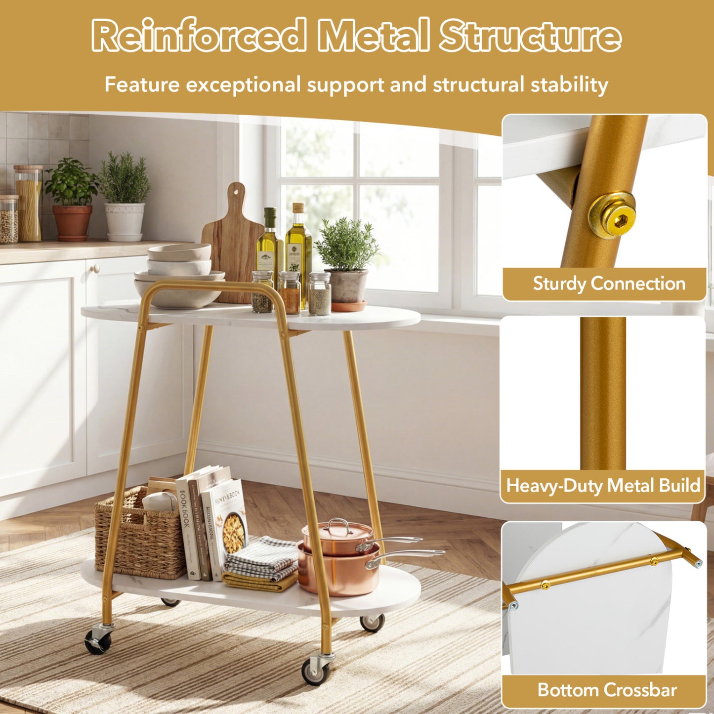 2-Tier Rolling End Table, Faux Marble, White